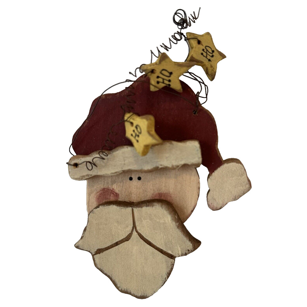 Folk-Art All Wood Santa Claus Ornament Ho Ho Ho Stars 4" Tall Christmas